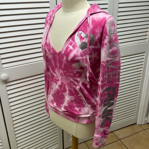PINK Victoria's Secret Tops - Victorias Secret Pink Revers Tie Dye Sweatshirt Hoodie Rhinestone Love Dog SZ M